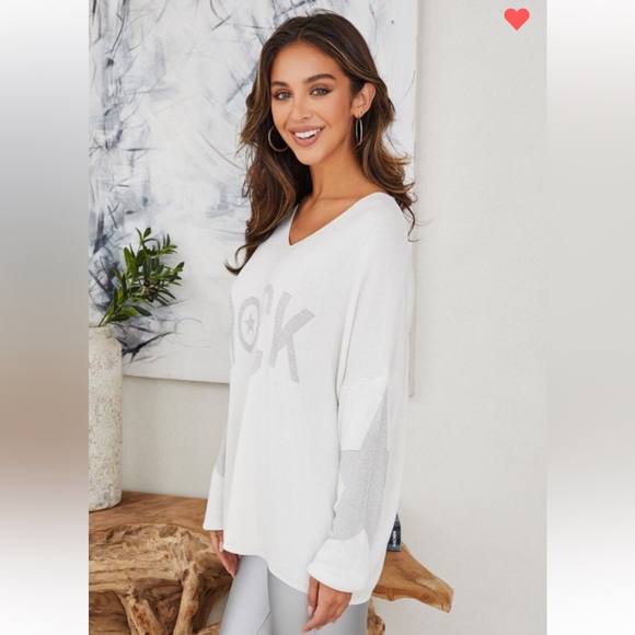 Venti 6 White Silver Sequin Rock Start V- Neck Long Sleeve Sweater Top - Picture 2 of 5